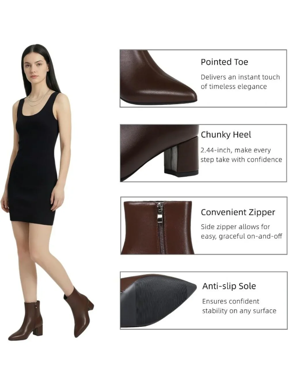 Women's Brown Pu Pointed Toe Comfortable Chunky Heel Side Zipper Ankle Boots